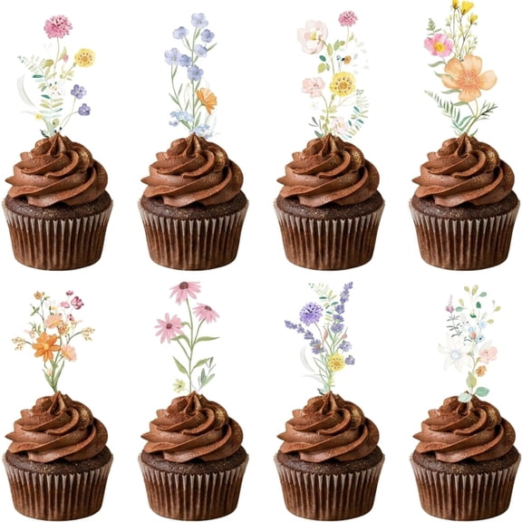 80Pcs Watercolor Wildflower Cupcake Topper Kit, DIY Floral Cake Picks with Plastic Sticks & Glue Dots for Baby in Bloom Baby Shower Girls Garden Birthday Party Decor