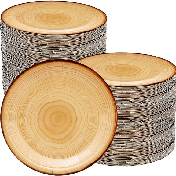 80Pcs Wood Grain Paper Plates Rustic Wood Grain Party Supplies,7"Wood Grain Dessert Plates Wood Slice Plates,for Baby Shower Camp Fire Camping Woodland Animal Lumberjack Birthday Party Decoration