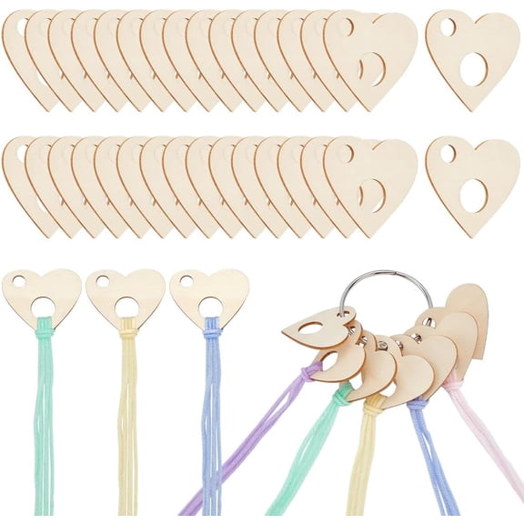 80Pcs Wood Thread Drops 1.75x1.9inch Heart Floss Drops Bobbin Drops Stitch Thread Organization with Iron Floss Ring for Craft DIY Sewing Storage Beige