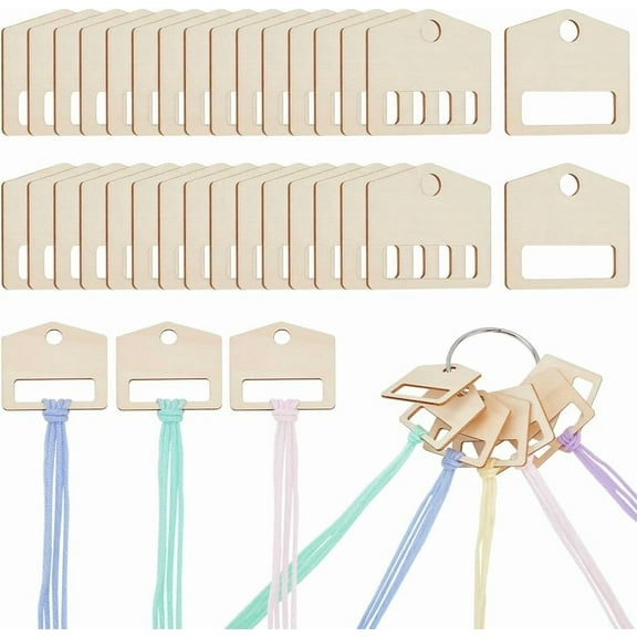 80Pcs Wood Thread Drops 1.75x1.9inch House Shape Floss Drops Bobbin Drops Stitch Thread Organization with Iron Floss Ring for Craft DIY Sewing Storage diy