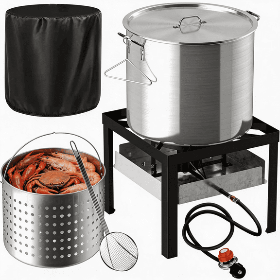 80QT Crawfish Boiler Kit, Waterproof Cover & 18-inch Skimmer, 110,000BTU Propane Burner Stove, 0-20PSIG Regulator, Aluminum Seafood Boil Pot, Crab Boil Pot with Basket