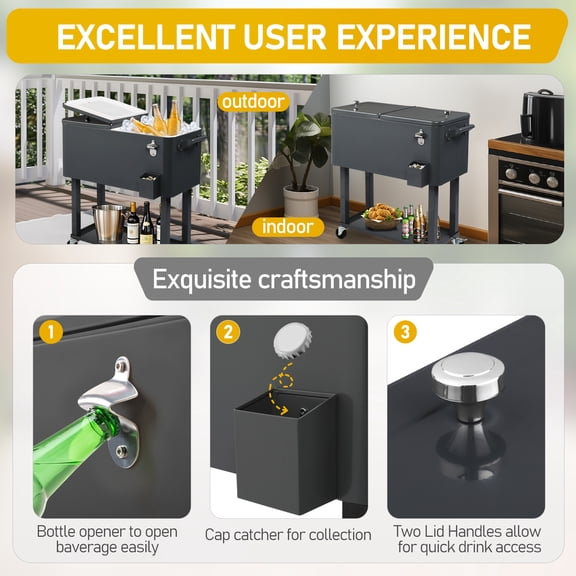 80QT Dark Grey Rolling Cooler Cart, Outdoor Patio Ice Chest with Wheels, Bottle Opener, 48H Cooling for Party BBQ