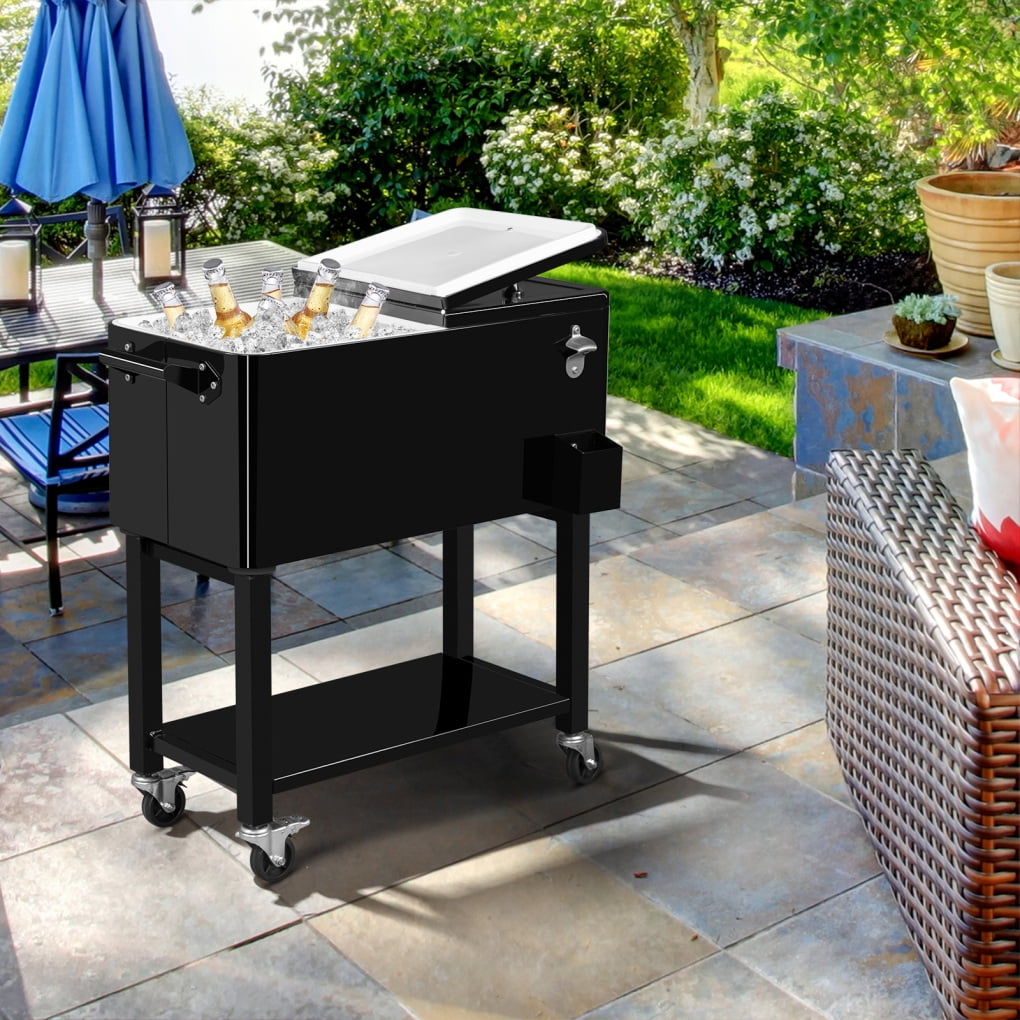 80QT Insulated Cooler Cart, Rectangular Plastic Refrigeration with Opener and Cap Catcher, 2 Side Handles, Cooling 48 Hours, for Outdoor, Black