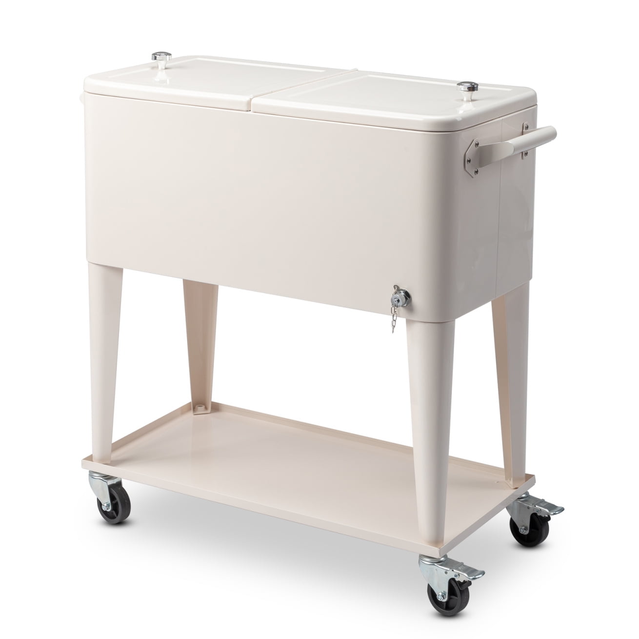 80QT Insulated Cooler Cart, Rectangular Plastic Refrigeration with Opener and Cap Catcher, 2 Side Handles, Cooling 48 Hours, for Outdoor, Milk White