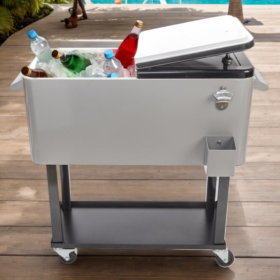 80QT Iron Spray Rolling Cooler with Shelf, Outdoor Patio Cooler Cart with Wheels, Bottom Tray, Bottle Opener, Warm & Cold Cooling for Party Backyard