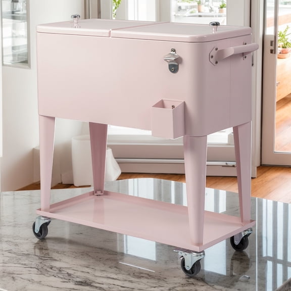 80QT Pink Patio Rolling Cooler Cart, Insulated Cooler with Wheels Locking Casters, Bottle Opener & Cap Catcher, Drain Plug, Warm & Cold Cooling for Outdoor Party Backyard.