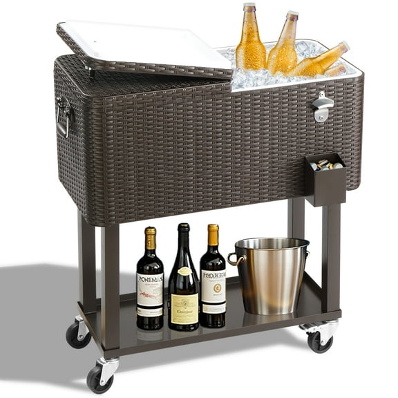 80QT Rattan Cooler Cart with Shelf & Wheels - Outdoor Patio Beverage Chiller - Keeps Drinks Cold for 48 Hrs, Woven Rattan Finish, Stainless Steel Accents, Perfect for Parties & Events