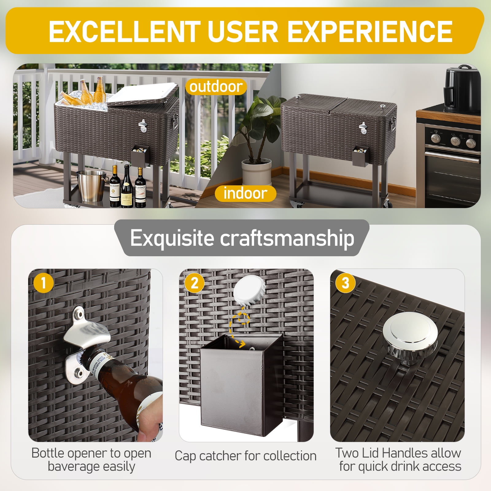 80QT Rattan Cooler with Shelf, Sturdy Design and Dual Cooling Functions