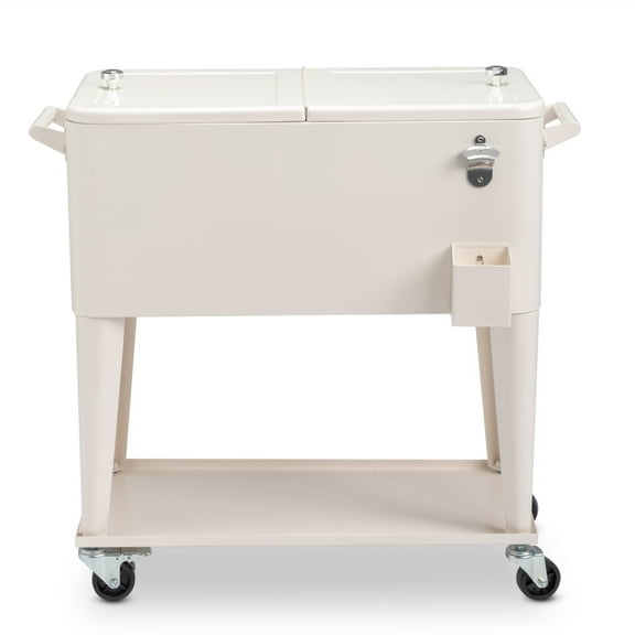 80QT Rolling Cooler Cart with Lockable Wheels, Portable Beverage Bar, Stand-Up Cooler Trolley with Open Shelf and Drainage Cap for Outdoor Activity - Includes Bottle Opener & Bottle Cap Catcher, White