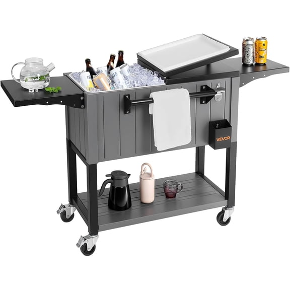 80QT Rolling Ice Chest, Holds up to 50 Bottles / 110 Cans, Portable Patio Party Bar Drink Cooler Cart with Bottom Shelf & Foldable Side Shelves, Beverage Pool with Swivel Wheels & Bottle Opener
