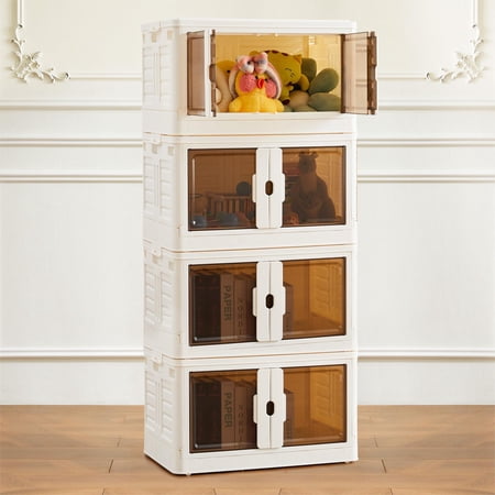 80QT Stackable Plastic Storage Bins with Lids, Foldable & Portable Organizer Boxes with Doors, Lockable & Wheel-Equipped for Living Room - 4 Pack