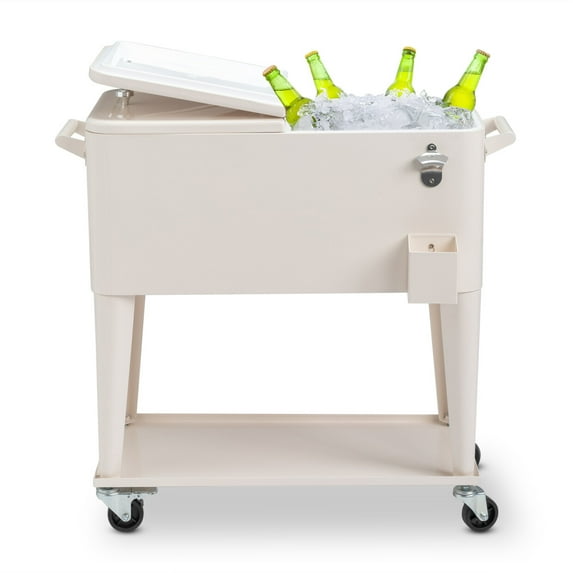 80Qt All-In-One Cooler Cart With Bottle Opener, Lower Storage Shelf and Cap Catcher, Outdoor Party Rolling Cooler With Lockable Wheels For Pool Side, Patio, Balcony, White(34.25 x 15.16 x 35.83)"