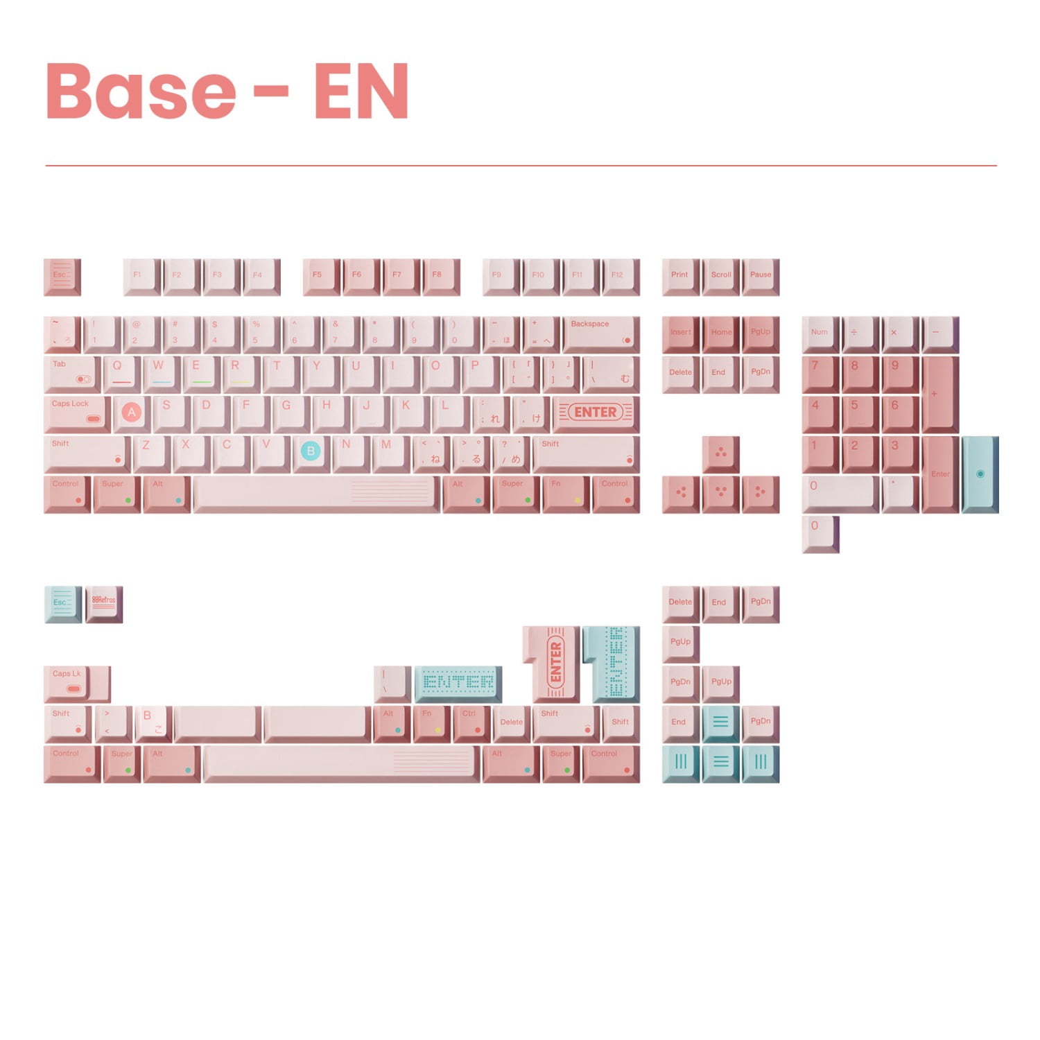80Retros Game Boy Style Pink Candy PBT Keycap Set, Retro Gaming Keycaps for Mechanical Keyboard, 140 Keys Full Set