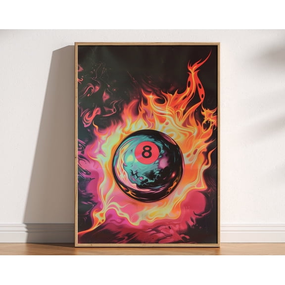 80S 8 Ball Print, Trendy Pool Ball Print, Vintage Retro 8 Ball And Flames Print, Casino Lucky Pub Games, Trendy Aesthetic, 1980S Glam Art Wall Art, Modern Wall Decor, 8x12 UNFRAMED