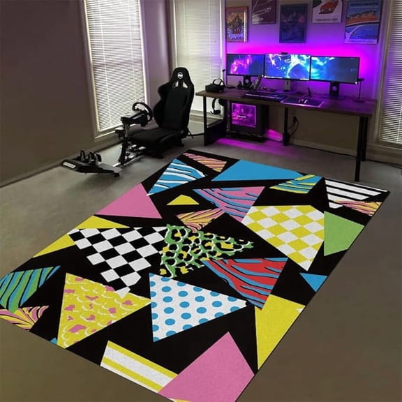 80S 90S Fashion Style Funky Area Rugs Hipster Retro Abstract Geometric Pattern Rugs for Bedroom Living Room Colorful Pop Art with Triangle Print Decor Indoor Non Slip Carpet Mat 2 x 3ft
