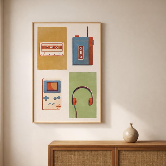 80S 90S Pop Culture Poster, Walkman Cassette Game Boy Poster, Retro Minimalist Wall Art In , Poster Print Only