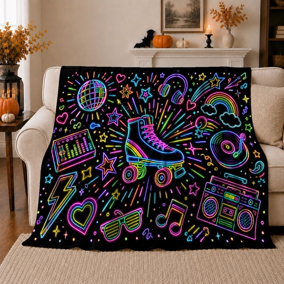 80S 90S Roller Skating Disco Neon Doodle Party, Cozy Friendship Quote Scene, Warm Flannel Blanket for Living Room and Reading Nook, Art Lovers Friendship Gift, Fantasy Home Decor