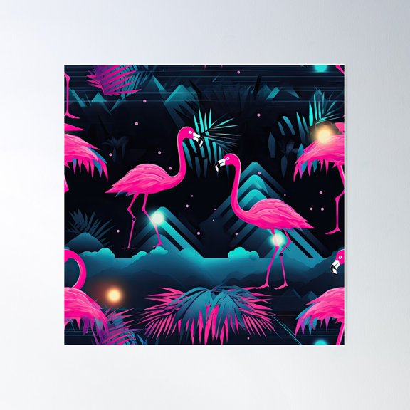 80S And 90S Retro Miami Synthwave Flamingo Pattern Poster Wall Art, Modern Wall Decor For Living Room Bedroom, 24x24 UNFRAMED