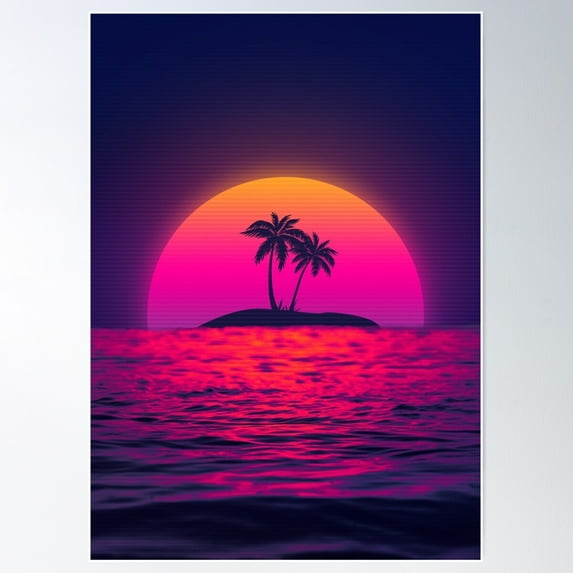 80S Beach Sunset Vaporwave Poster Wall Art, Modern Wall Decor For Living Room Bedroom, 16x24 UNFRAMED