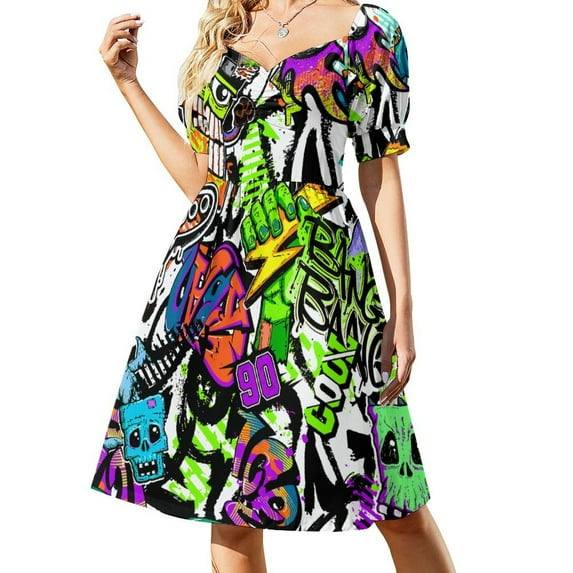 80S Paint Splash Dress Graffiti Colorful Print Cute Dresses Woman Short Sleeve Stylish Casual Dress V Neck Oversize Vestido