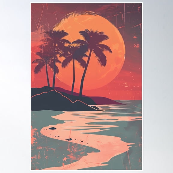 80S Style Poster. Palm Trees Sun Water- Vintage Wall Arttrendy Retro Print Room Decor Wall Art, Poster Only