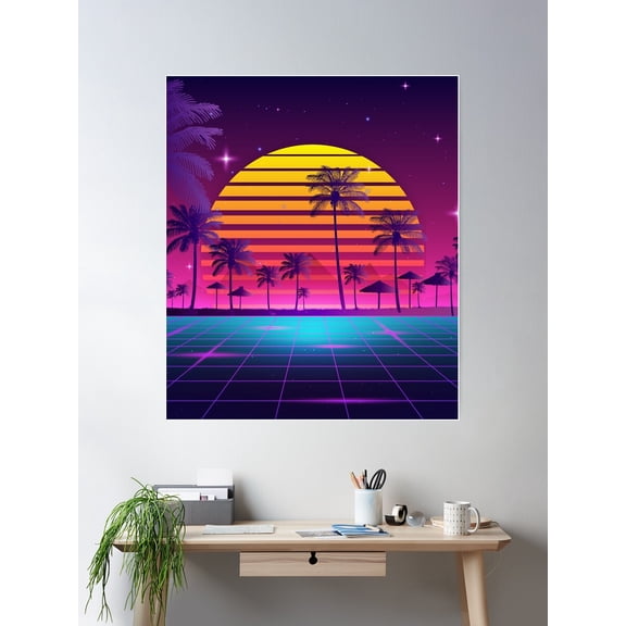80S Sunset Synthwave Poster Wall Art, Modern Wall Decor For Living Room Bedroom, 8x12 UNFRAMED