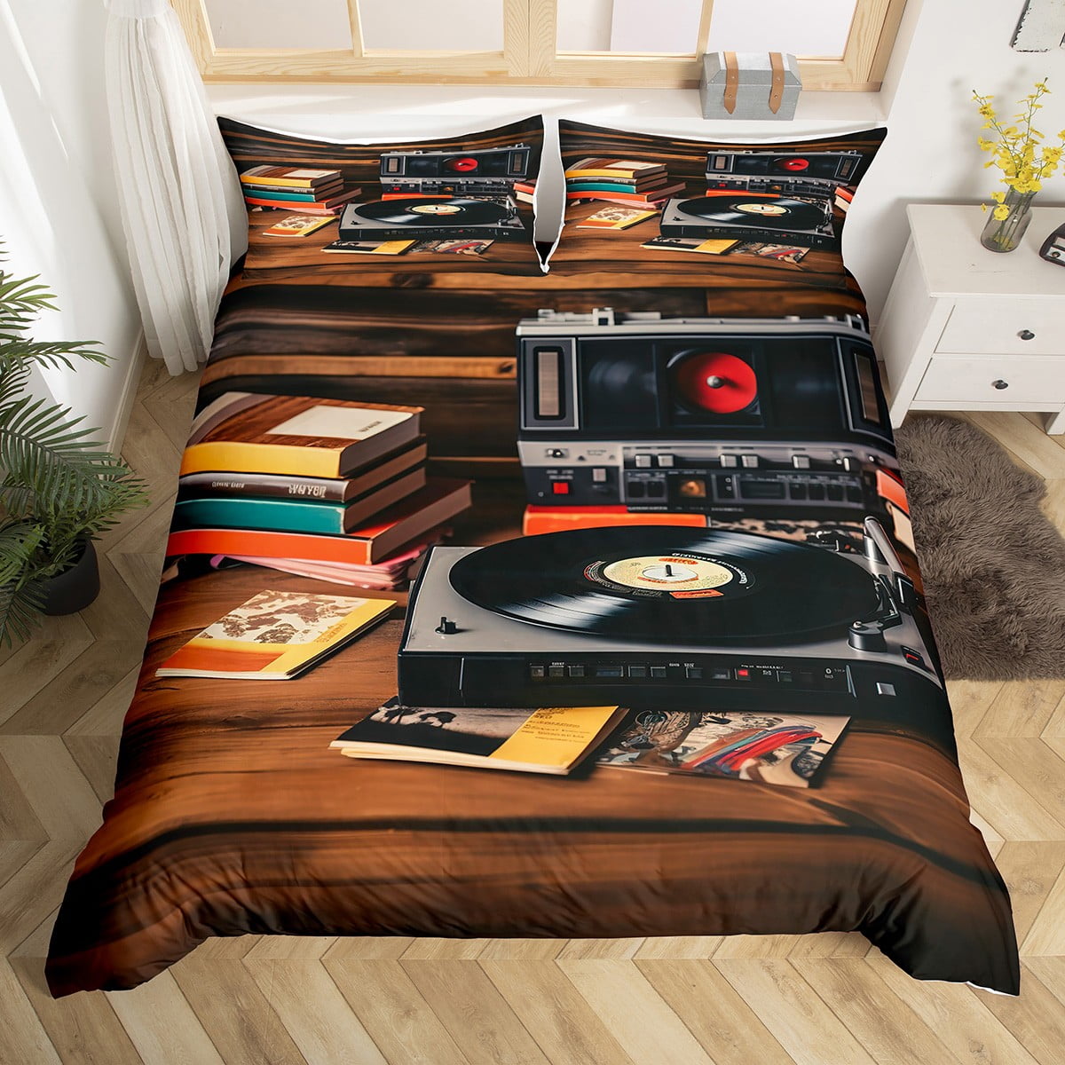 80S Vintage Audio Record Comforter Cover Retro Style Cassette Radio