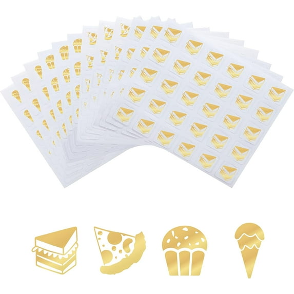 80Sheets 4 Patterns PVC Waterproof Self-Adhesive Sticker Sets Cartoon Decals for Gift Cards Decoration Gold Color Cake Pattern 100x78x0.1mm Stickers: 12x12mm