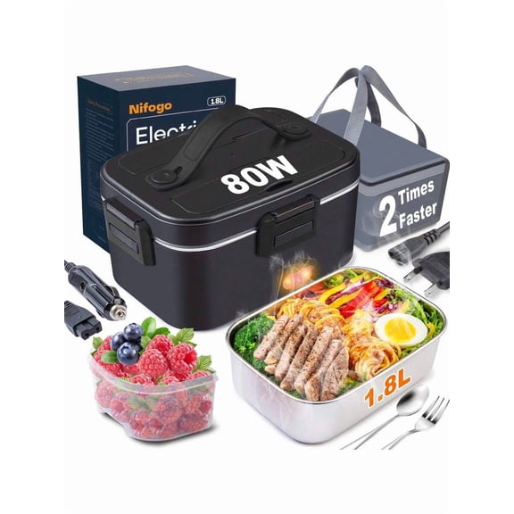 80W 3-in-1 Electric Lunch Box - 1.5L 304 Stainless Steel Food Warmer (110V/12V/24V for Home/Car/Truck Drivers)