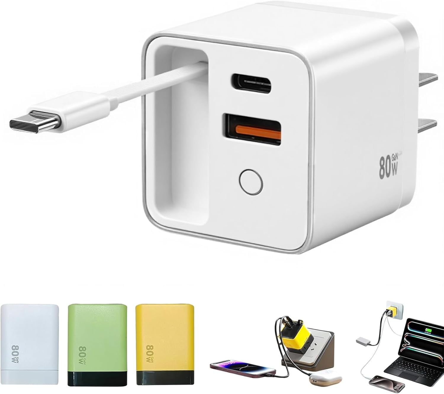 80W 3-in-1 Retractable USB-C Wall Charger withFast Charging, Foldable Plug for Phones, Tablets, Laptops