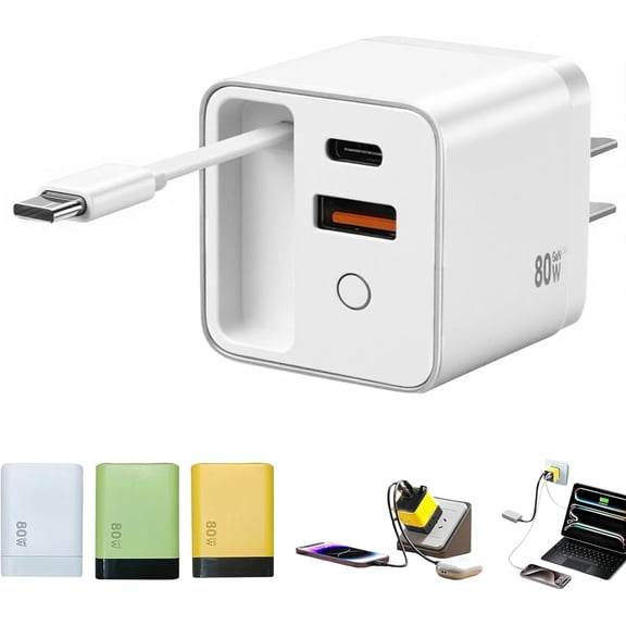 80W 3-in-1 Retractable USB-C Wall Charger withFast Charging, Foldable Plug for Phones, Tablets, Laptops