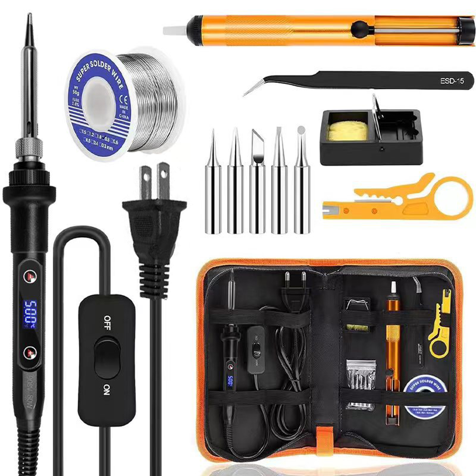 80W Adjustable Soldering Iron Set with LCD Display – Temperature Range 180-500°C, Includes Desoldering Pump, 5 Soldering Tips, and Soldering Iron Stand – Ideal for Electronic Repairs DIY Projects