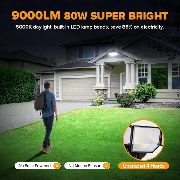 80W Dusk to Flood Lights Outdoor, 9000LM Super Bright LED Security Light with Photocell, IP65 Waterproof, 5000K Daylight, Hardwired 4 Heads Floodlight for Garage, Yard (Black)