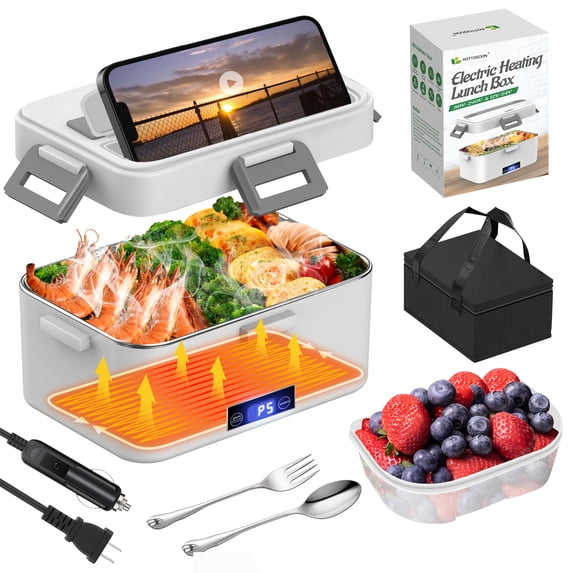 80W Electric Lunch Box, Food Warmer Heater with 1.8L Container and Digital Screen, 12V 24V 110V Portable Heated Lunch Box