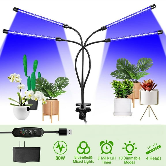 80W LED Grow Light for Indoor Plants Full Spectrum, Dimmable, Timer & Adjustable Gooseneck