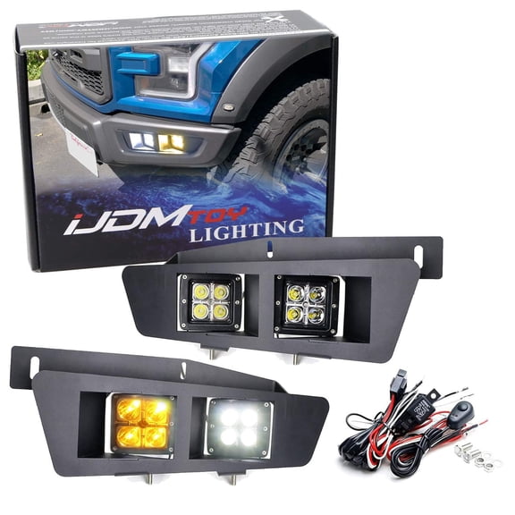 80W White & Amber Dual LED Pods Lower Bumper Fog Light Kit For Ford Raptor Gen2 2017-20, Includes (4) 20W LED Cubic Pods, Hidden Bumper Opening Mounting Brackets & Relay Harness