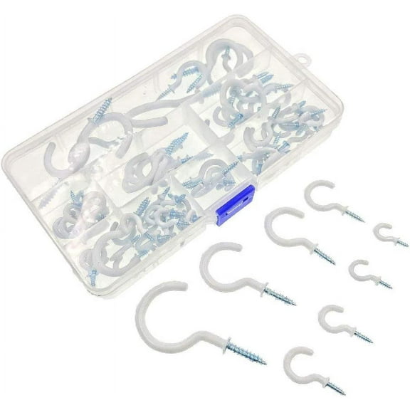 80X Assorted White Plastic Coated Screw Hook with Storage Box, Shouldered Hook Ceiling Hook Cup Mug Hook for Garden Kitchen