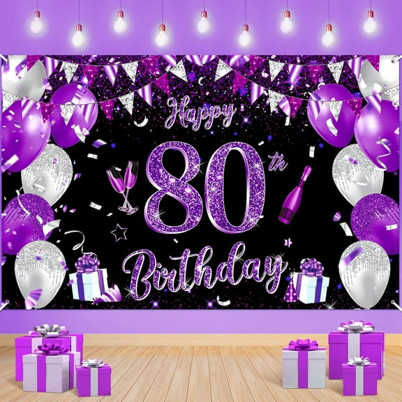 80Years Birthday Party Decoration Extra Large Purple Sign Poster for Anniversary Photo Booth Backdrop Background Banner, Birthday Party Supplies, (80th)