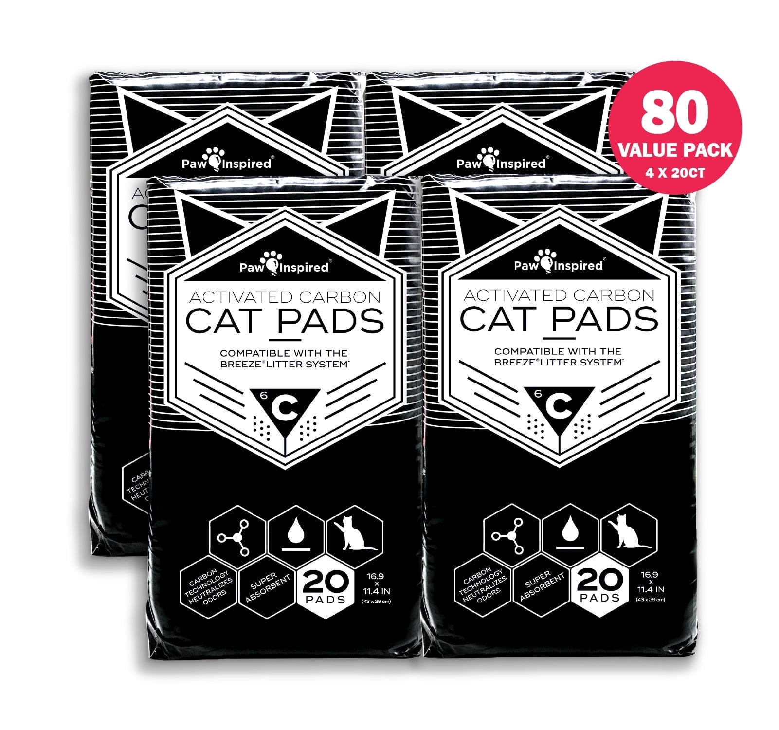 80ct Paw Inspired Cat Litter Pads | Generic Refill for Tidy Cat Breeze Litter Box Pads System | Cat Liner Pads for Litter Box | Activated Carbon for Breeze Cat Litter Pads | 16.9” x 11.4”