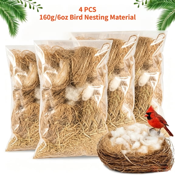 HONGTAITUO 160g/6oz Natural Bird Nesting Material, Dust-Free Jute Straw Cotton Blend Bedding for Parakeets, Finches, Canaries, Hummingbirds & Wild Birds