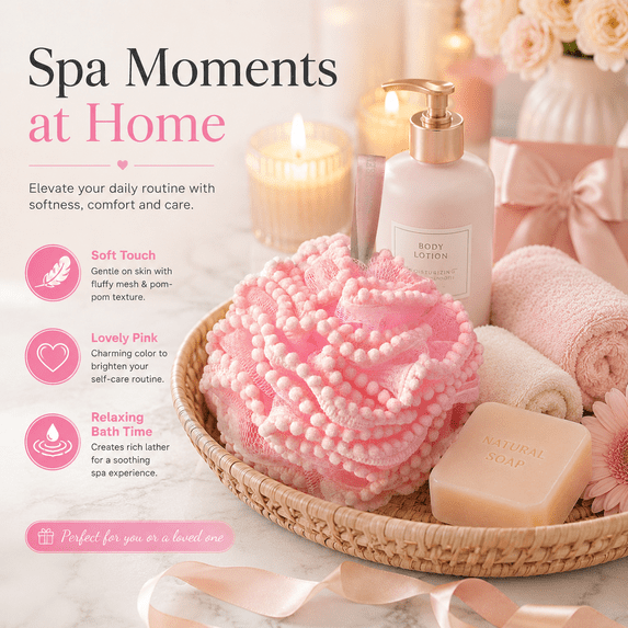 80g Mesh Bath Shower Loofah Sponge - Soft Pouf Body Wash Scrubber, Fluffy Bath Scrunchies for Exfoliation, Reusable Shower Loofahs for Daily Bathing,Pink,5.31in/14cm