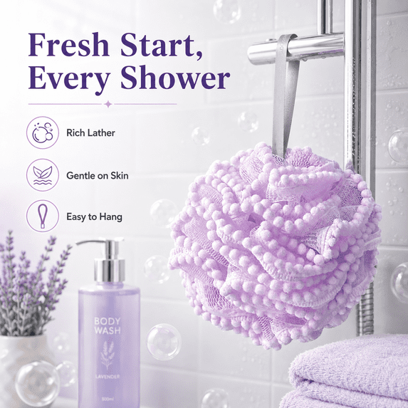 80g Mesh Bath Shower Loofah Sponge - Soft Pouf Body Wash Scrubber, Fluffy Bath Scrunchies for Exfoliation, Reusable Shower Loofahs for Daily Bathing,Purple,5.31in/14cm