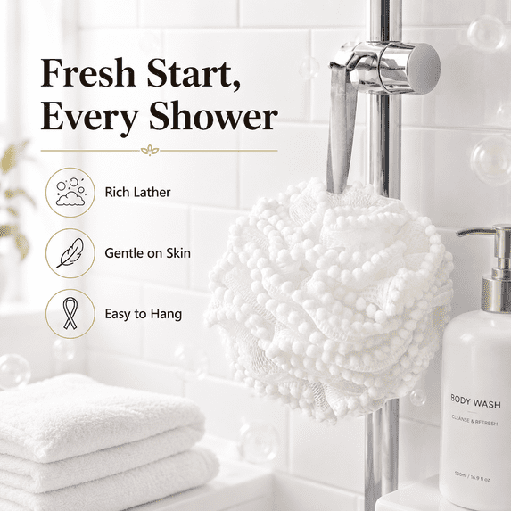 80g Mesh Bath Shower Loofah Sponge - Soft Pouf Body Wash Scrubber, Fluffy Bath Scrunchies for Exfoliation, Reusable Shower Loofahs for Daily Bathing,White,5.31in/14cm