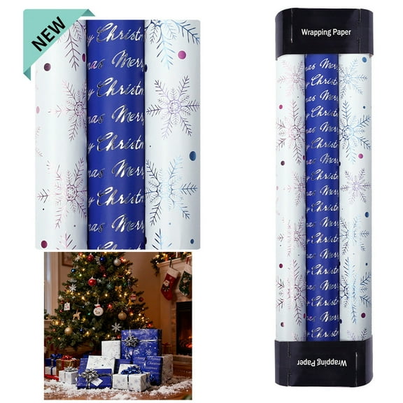 80gsm Christmas Wrapping Paper - 118in/3m Roll, 3 Volumes Per Set with 3 Unique Designs, Thick Festive Gift Packaging for Xmas Presents, A