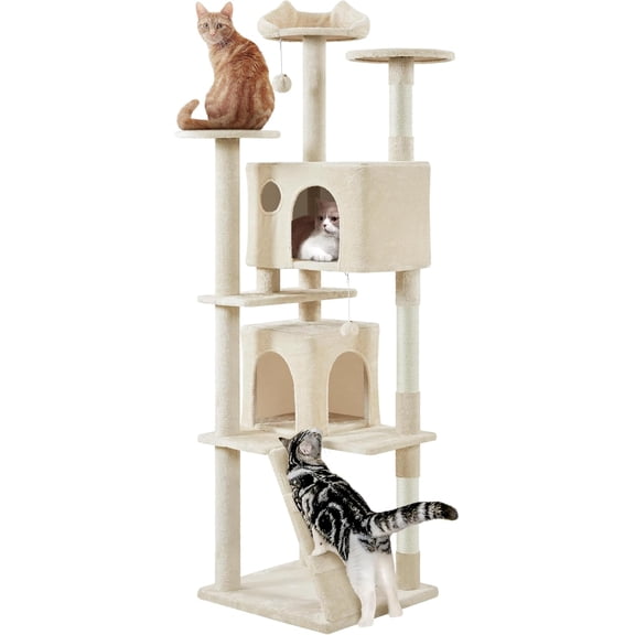 80in Multi-Level Cat Tower w/Scratching Posts, Double Condo, Perched Platforms and Dangling Balls, Pet Stand House for Kittens, Beige