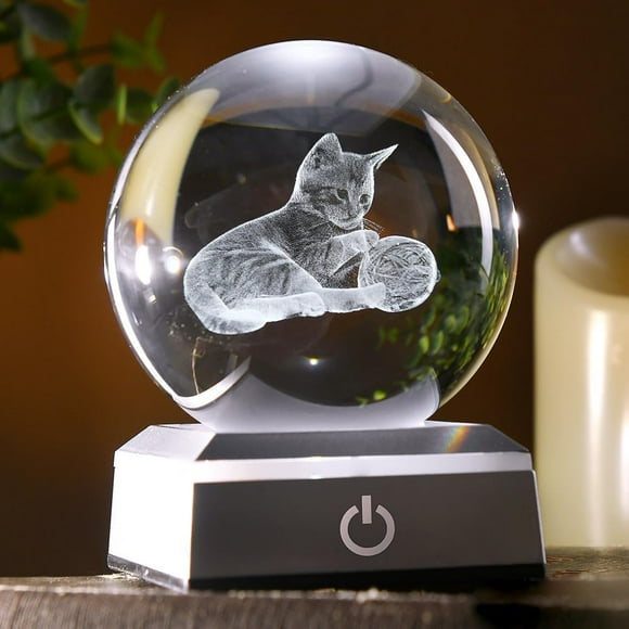 80mm Cat Lover Gifts for Women 3D Laser Cat Night Light Cat Crystal Ball Decor Kitten Collectibles Stuff for Room Decor with Colorful Touch Light Base