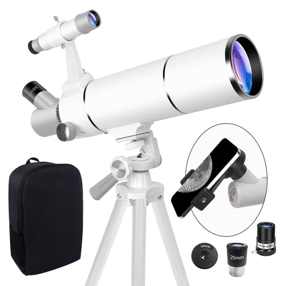 Telescope for Adults & Kids Beginners, 80mm Aperture 500mm Telescopes for Adults Astronomy, (20X-150X) Portable Refractor Telescope Kit with Decorate Stickers, Backpack, Phone Adapter-White