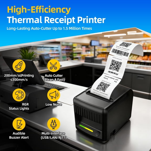 80mm Thermal Receipt Printer for POS Systems, USB Connectivity, Auto Cutter Reliable and Fast Printing for Retail and Restaurants