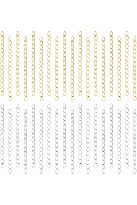 About 80pcs 2 Colors 45-52mm Hypoallergenic Chain Extender Stainless Steel Dapped Curb Chain Golden & Stainless Steel Color Chain Extension Tails 304 Stainless Steel