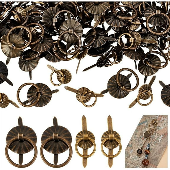 80pcs 2 Styles Metal Brad Fasteners with Pull Rings Mini Pull Ring Handle Jewelry Drawer Pull Ring Brad Handles for Journal Paperback Book Albums Scrapbooks Jewelry Box Bronze